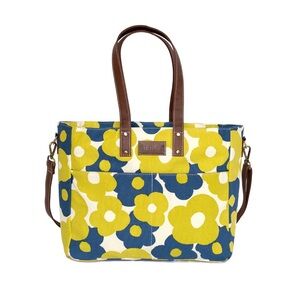 Maika Yellow and Blue Floral Tote with Brown Straps